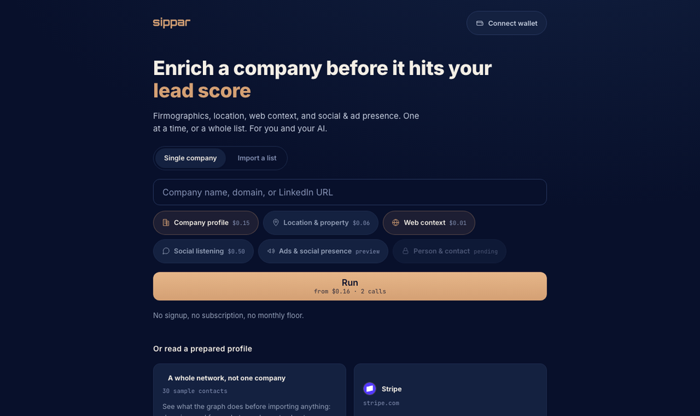 The company enrichment page: a company name field, the pieces you can ask for with a price on each, and a Run button totalling them.
