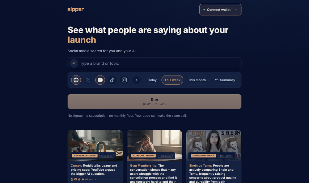The social listening page: a search box, the platforms it reads, and a Run button showing the price before anything is bought.